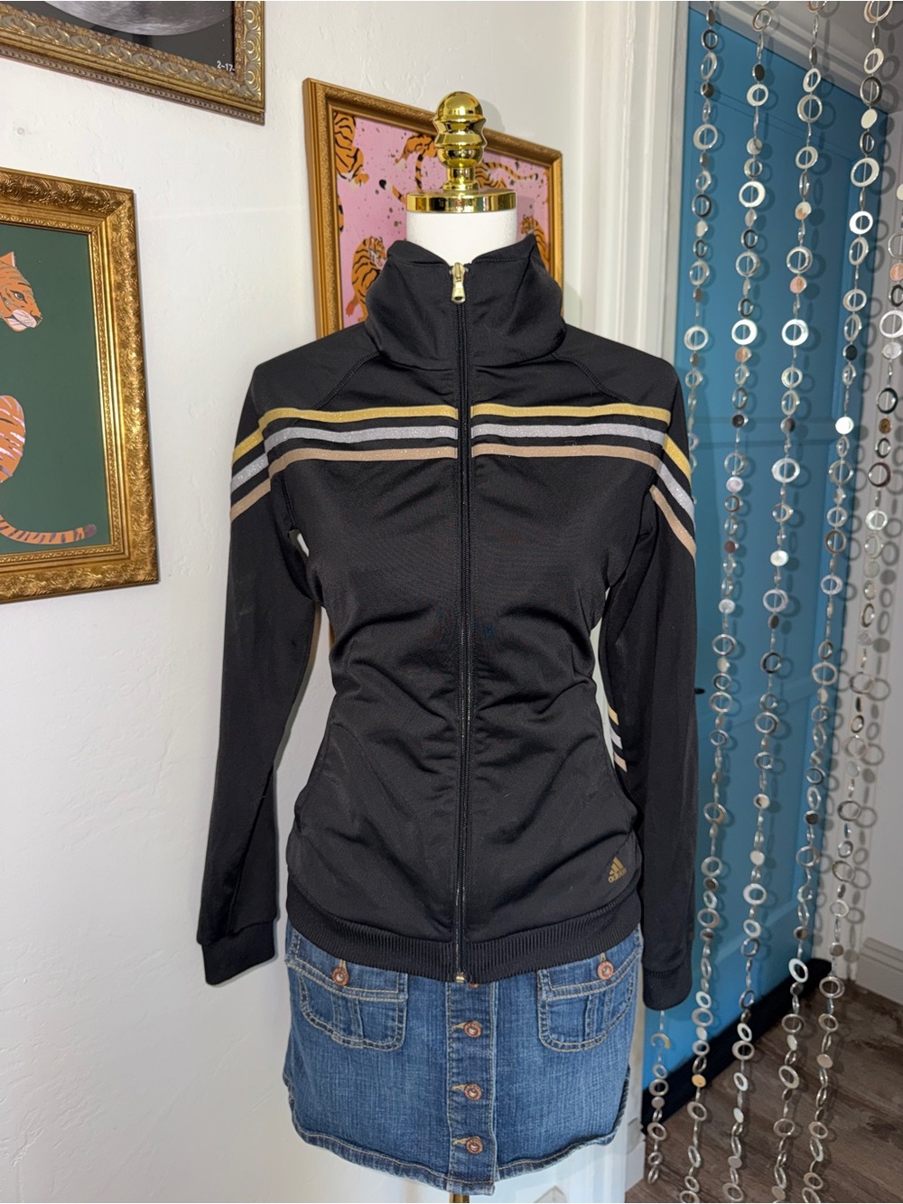 Vintage Y2K Adidas Women's Black Zip-Front Track Jacket with Gold Stripe Detail